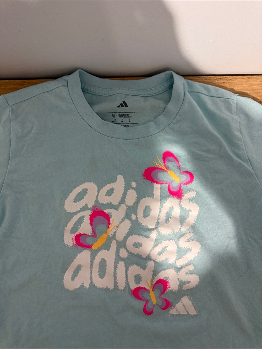adidas Light Blue Tee with Pink and Yellow Butterfly Graphic